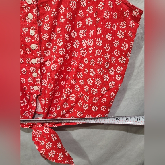 Y2K Cropped ButtonUp Tie‎ Front Halter Blouse Red W White Flowers Large - Picture 7 of 7